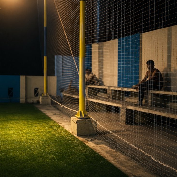 A spectator sitting on the bench behind the netting on the boundary