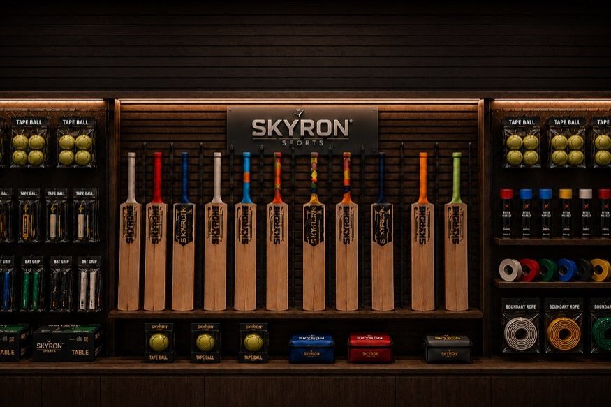 The shop wall stocked with bats, tape balls, grips and boundary rope