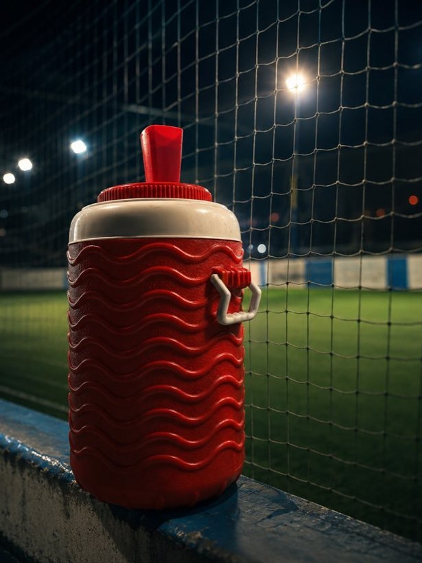 The red water cooler sitting on the boundary wall by the netting